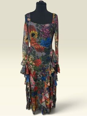 Square-Neck Floral Ruffle Maxi Dress - Multicolor